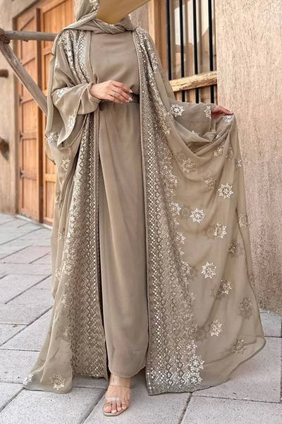 Bronzing Print Batwing Sleeve Long Cardigan Maxi Dresses 3pcs Set
