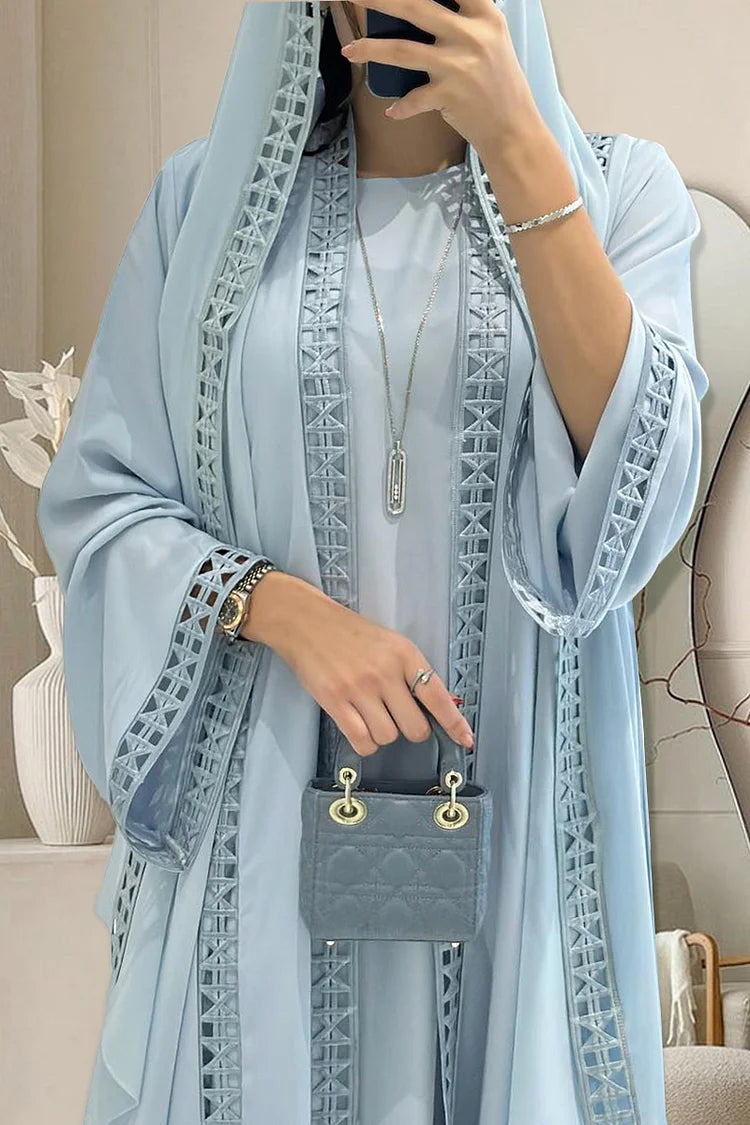 Crochet Long Sleeve Cardigan Maxi Dresses Plain Abaya Matching Set