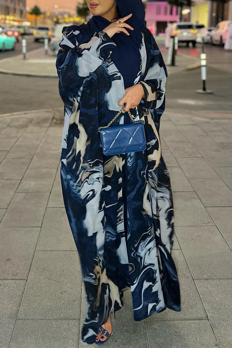 Abstract Print Long Cardigan Round Neck Maxi Dresses Three Piece Matching Set