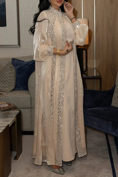 Sequin Decor Stand Collar Abaya Round Neck Maxi Dresses 2pcs Set