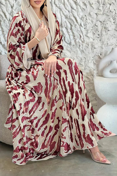 Plain Maxi Dresses Flocking Burnout Abaya Long Cardigan 3pcs Set
