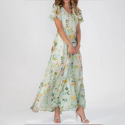 Distinctive V-Neck Short Sleeve Maxi Dress