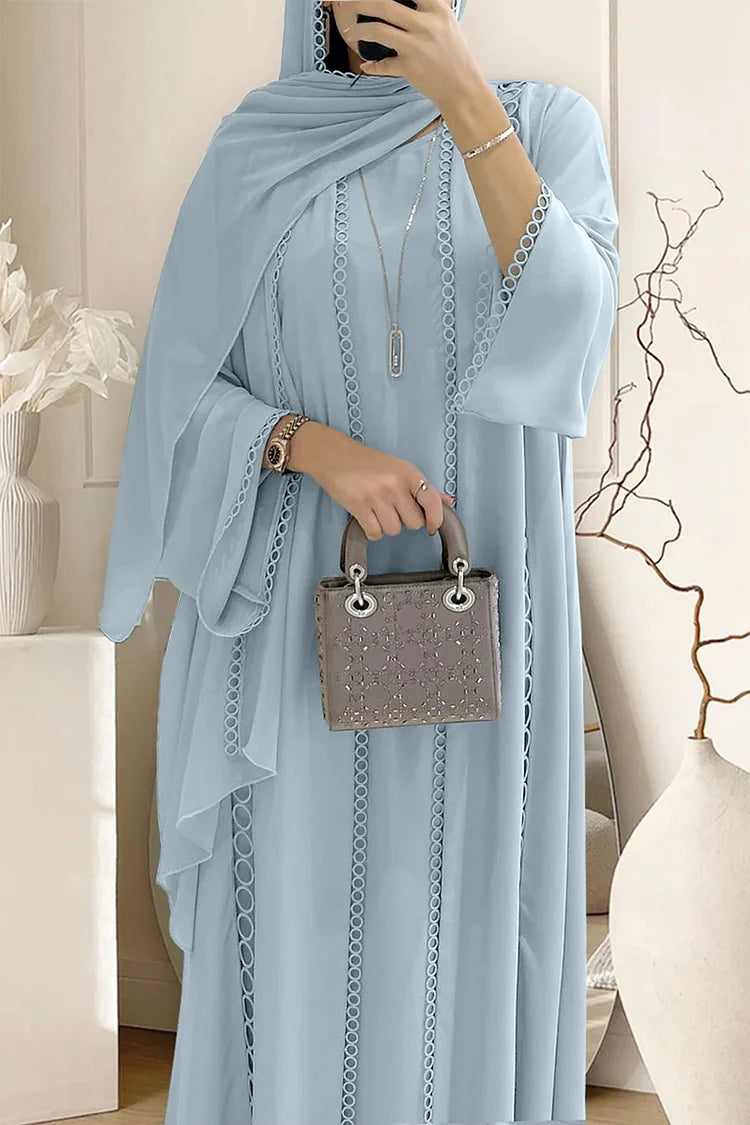 Crochet Long Sleeve Cardigan Maxi Dresses Plain Abaya Matching Set
