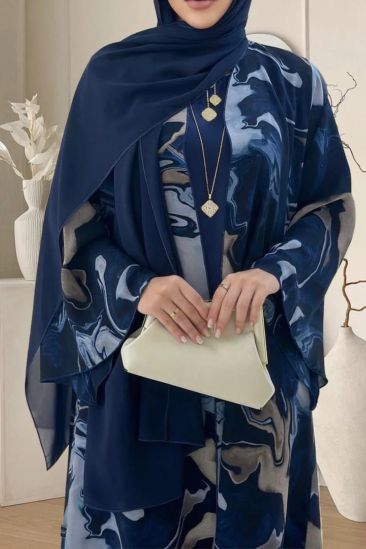 Abstract Print Long Cardigan Round Neck Maxi Dresses Three Piece Matching Set