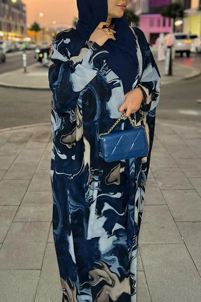 Abstract Print Long Cardigan Round Neck Maxi Dresses Three Piece Matching Set
