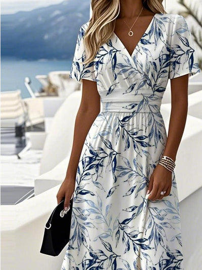 Trendy Plant Print V-Neck Short Sleeve Midi Dress