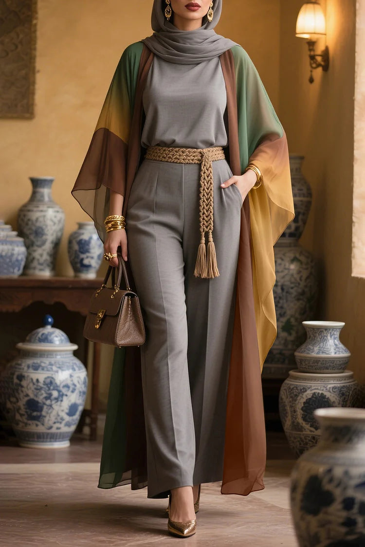 Gradient Color Abaya Linen Tank Top Wide Leg Pants 3pcs Set