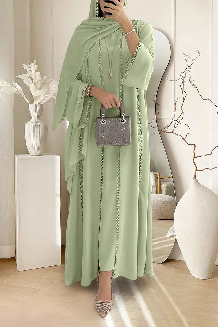 Crochet Long Sleeve Cardigan Maxi Dresses Plain Abaya Matching Set