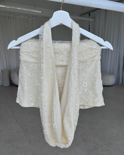 ANGELÈ Lace Sequin Cowl Neck Top