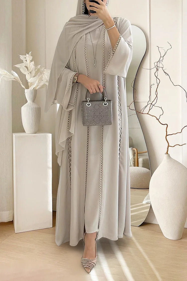 Crochet Long Sleeve Cardigan Maxi Dresses Plain Abaya Matching Set