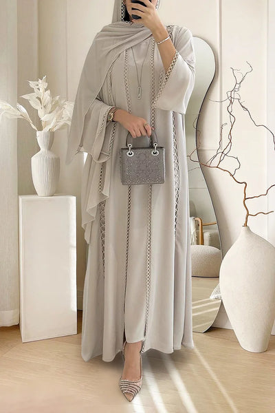 Crochet Long Sleeve Cardigan Maxi Dresses Plain Abaya Matching Set