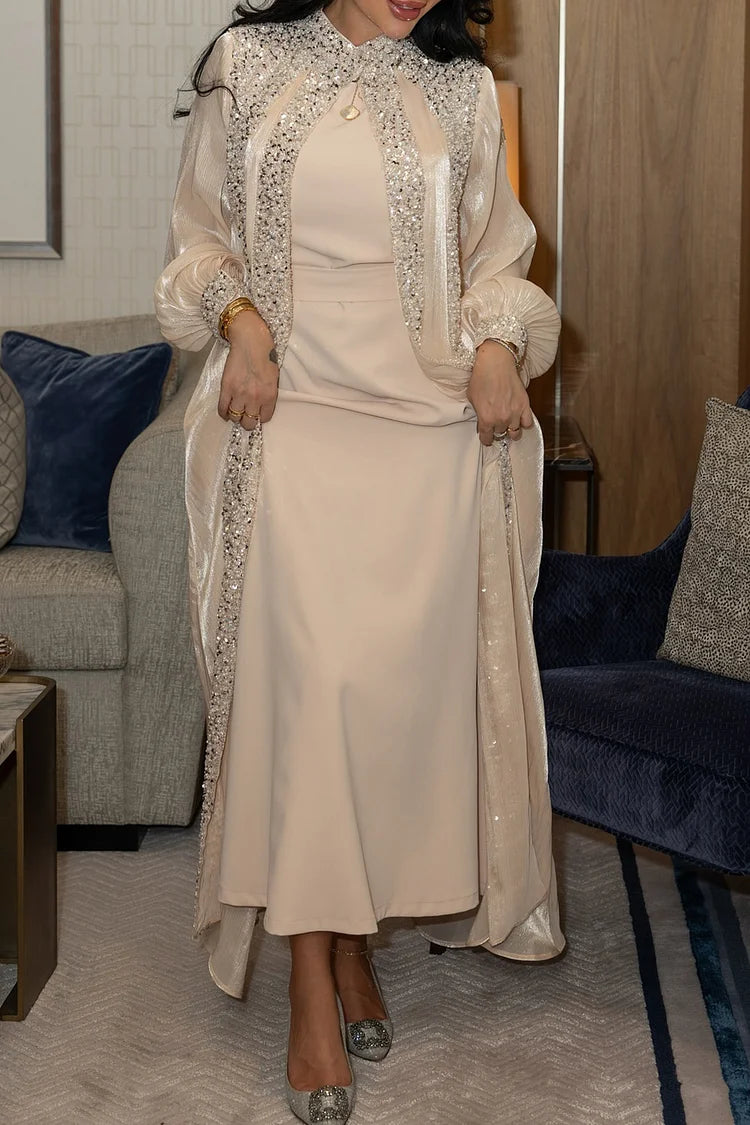 Sequin Decor Stand Collar Abaya Round Neck Maxi Dresses 2pcs Set