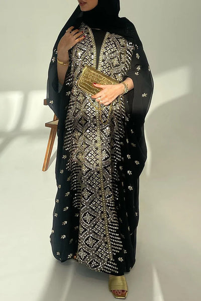 Batwing Sleeve Bronzing Print Abaya Maxi Dresses 3pcs Set