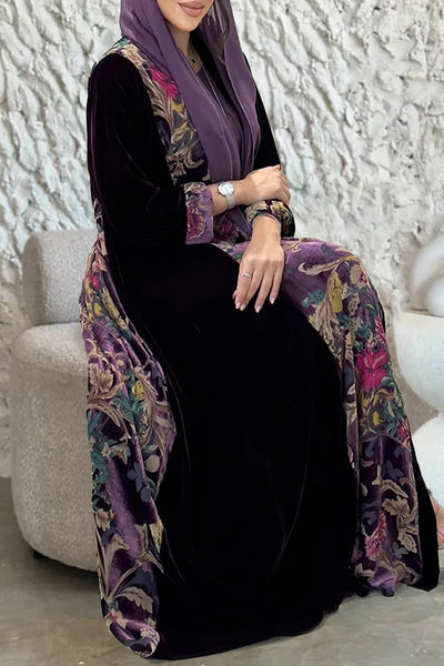 Round Neck Maxi Dresses Velvet Floral Print Abaya 3pcs Set