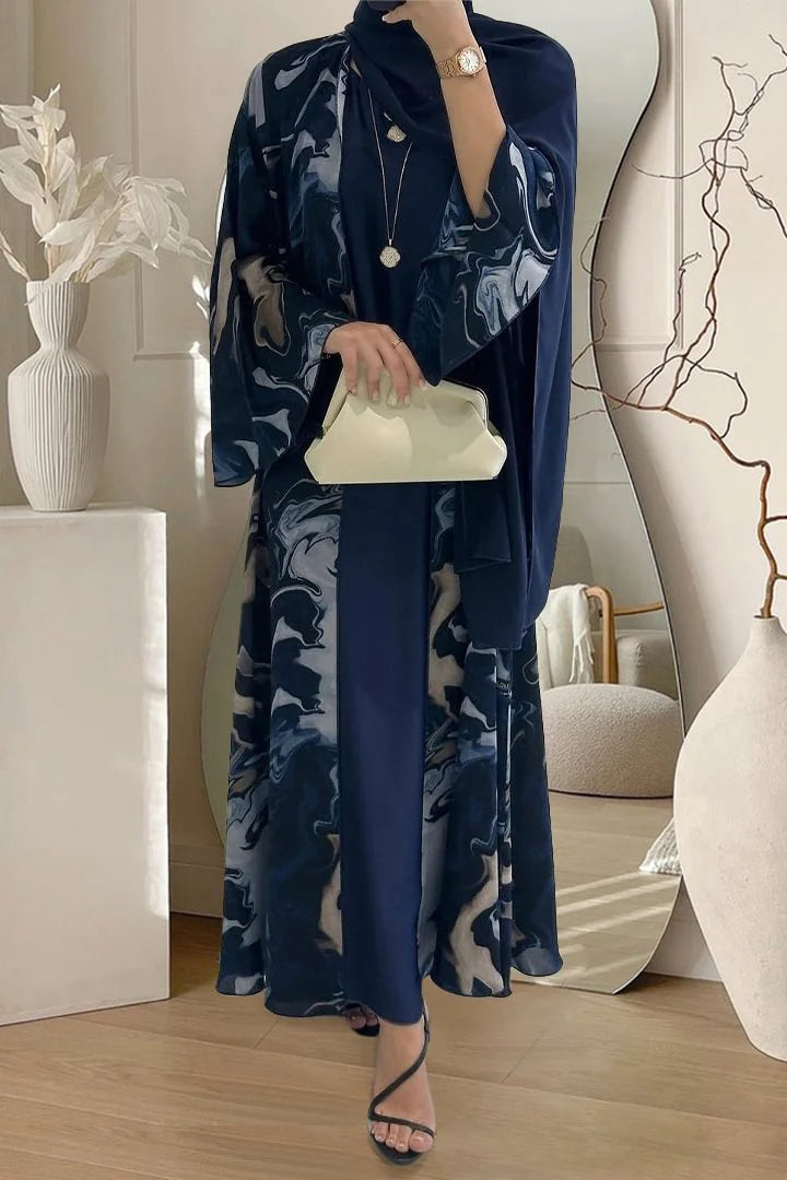 Abstract Print Long Cardigan Round Neck Maxi Dresses Three Piece Matching Set