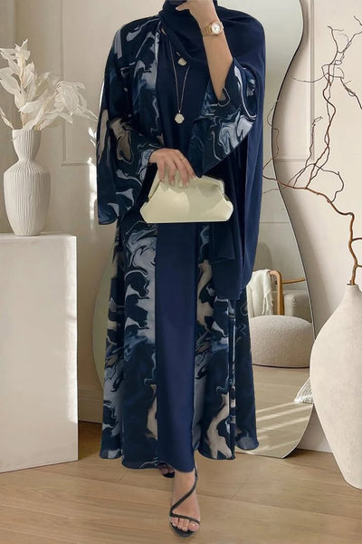 Abstract Print Long Cardigan Round Neck Maxi Dresses Three Piece Matching Set
