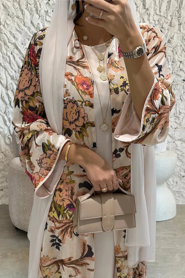 Round Neck Maxi Dresses Floral Print Abaya Velvet 3pcs Set