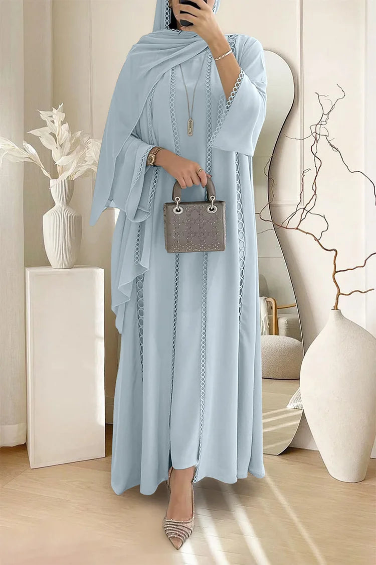 Crochet Long Sleeve Cardigan Maxi Dresses Plain Abaya Matching Set