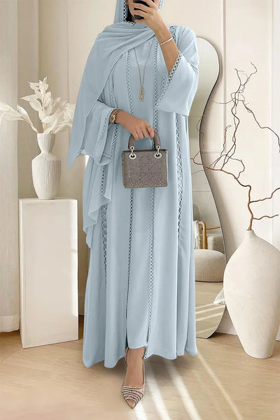 Crochet Long Sleeve Cardigan Maxi Dresses Plain Abaya Matching Set