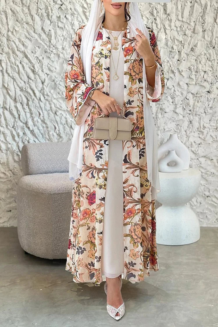 Round Neck Maxi Dresses Floral Print Abaya Velvet 3pcs Set