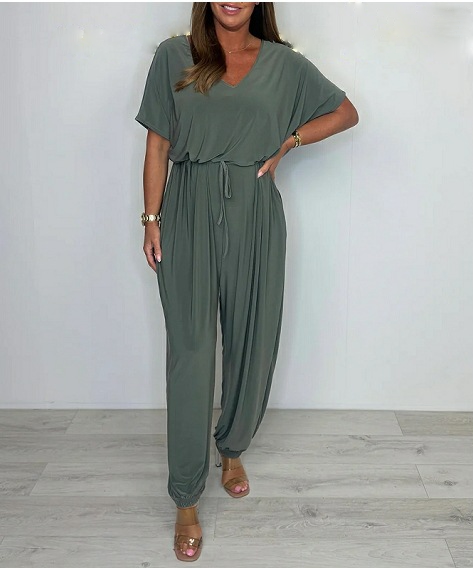 Cotton Playsuit with V-Neck and Tie