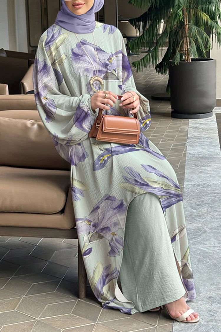 Floral Print Lantern Sleeve Long Top Wide Leg Pants 2pcs Set [Pre Order]
