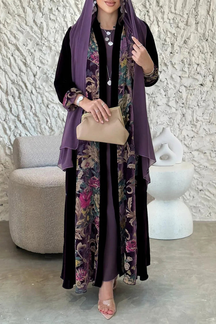 Round Neck Maxi Dresses Velvet Floral Print Abaya 3pcs Set