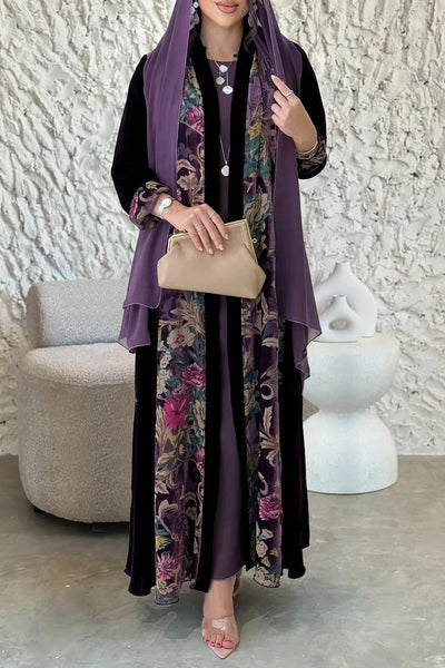 Round Neck Maxi Dresses Velvet Floral Print Abaya 3pcs Set
