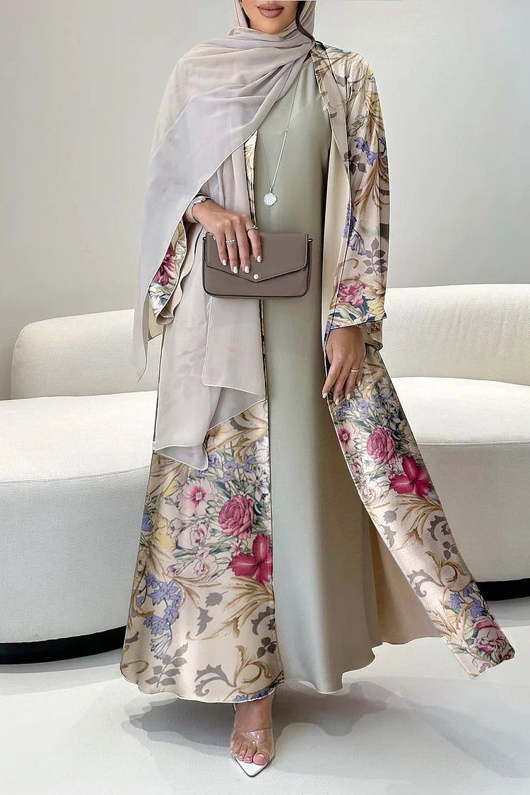 Floral Print Abaya Sleeveless Maxi Dresses Head Scarf 3pcs Set