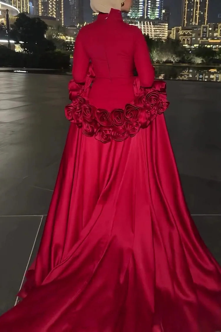 High Neck Slim Fit Maxi Dresses 3D Roses Decor Cape 2pcs Set-Red [Pre Order]
