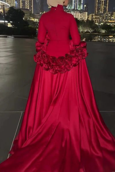 High Neck Slim Fit Maxi Dresses 3D Roses Decor Cape 2pcs Set-Red [Pre Order]