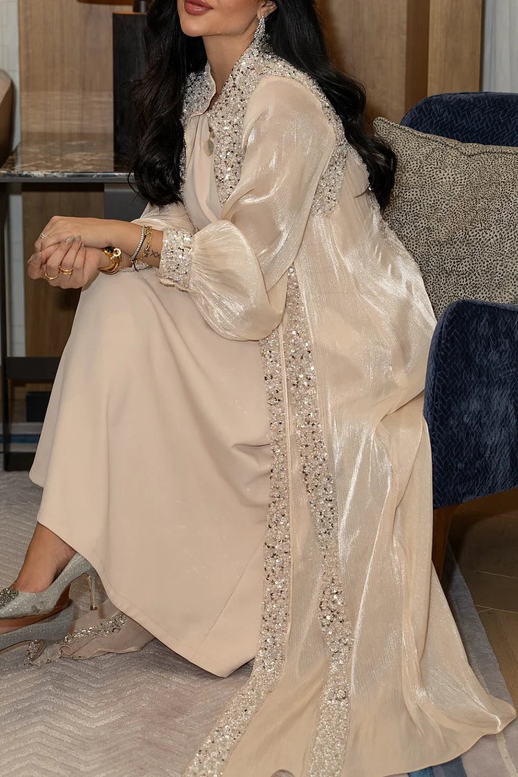 Sequin Decor Stand Collar Abaya Round Neck Maxi Dresses 2pcs Set