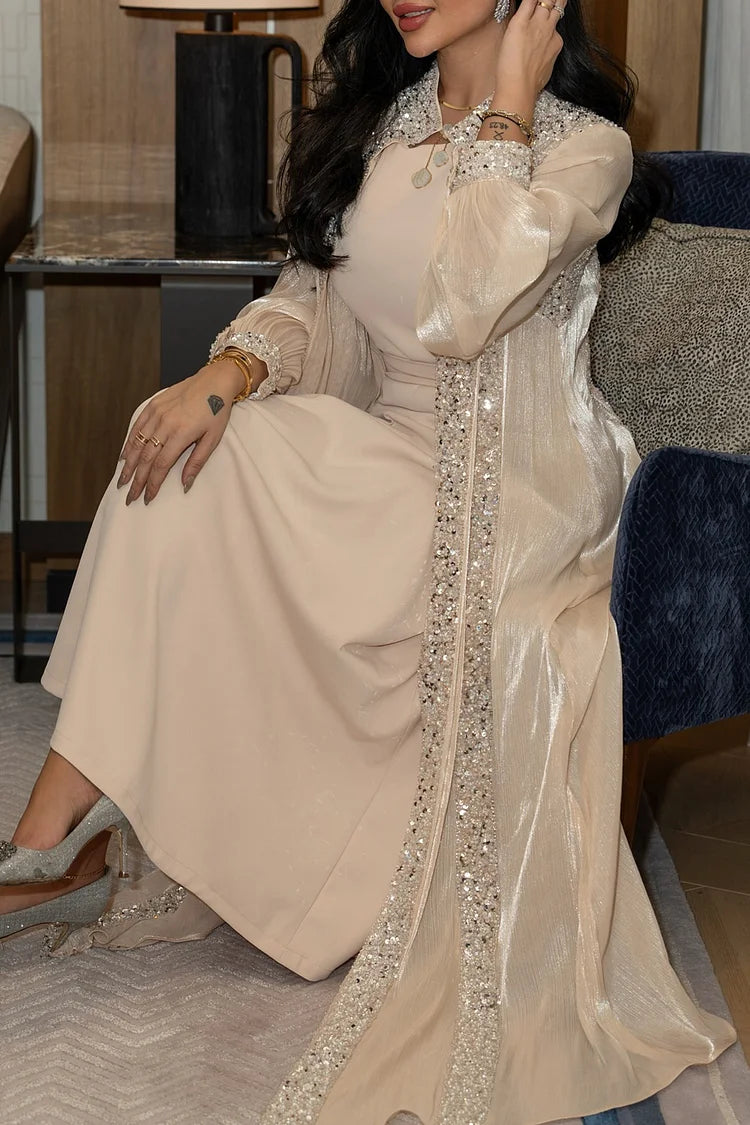 Sequin Decor Stand Collar Abaya Round Neck Maxi Dresses 2pcs Set