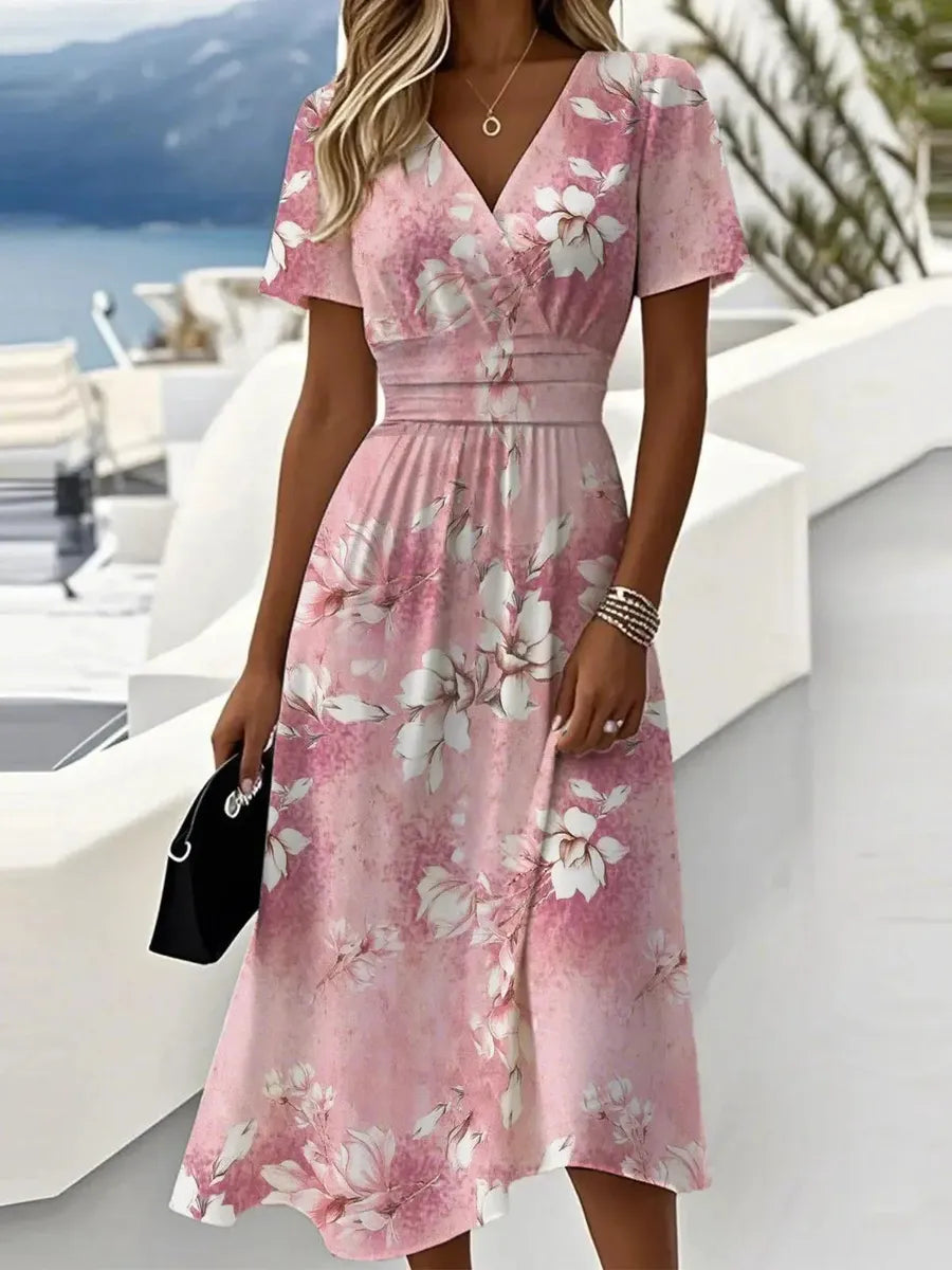 Sweet V-Neck Short Sleeve Midi Dress