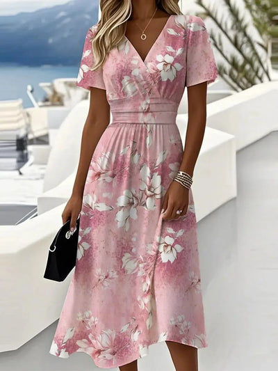 Sweet V-Neck Short Sleeve Midi Dress