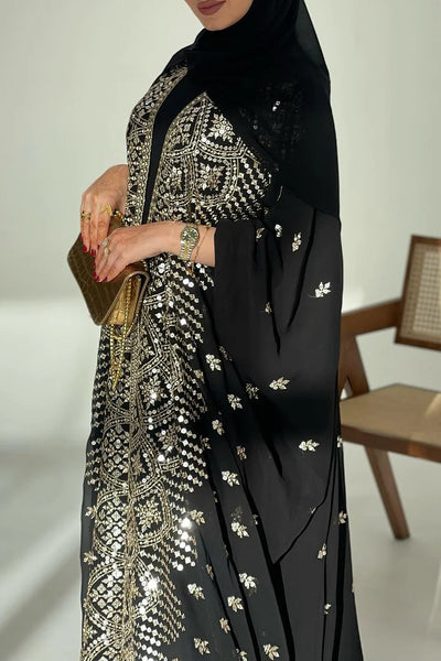 Batwing Sleeve Bronzing Print Abaya Maxi Dresses 3pcs Set