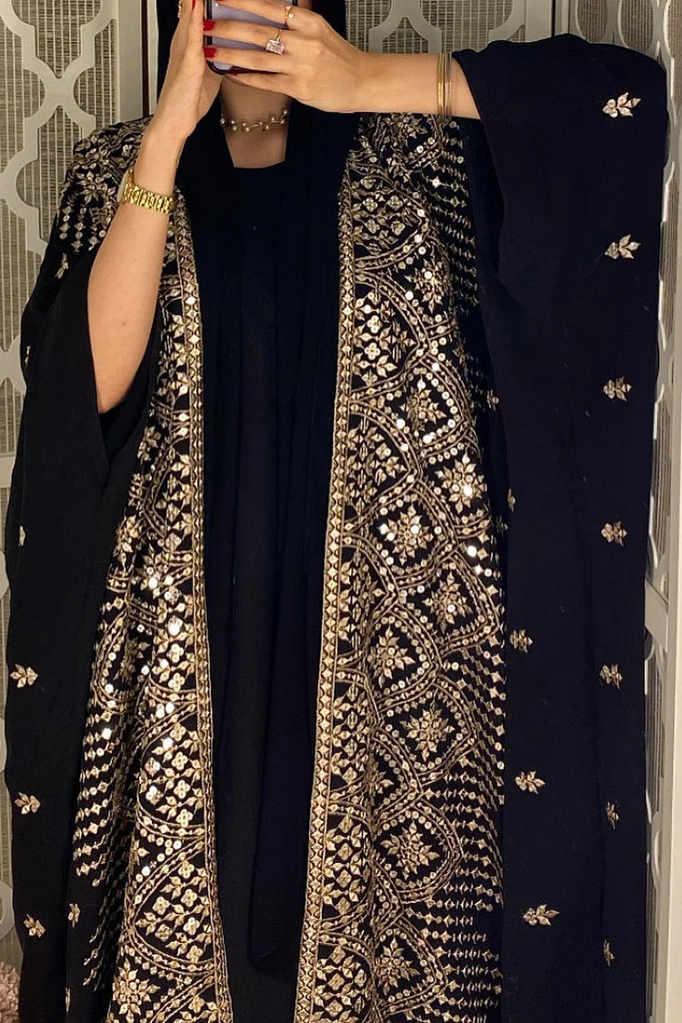 Batwing Sleeve Bronzing Print Abaya Maxi Dresses 3pcs Set