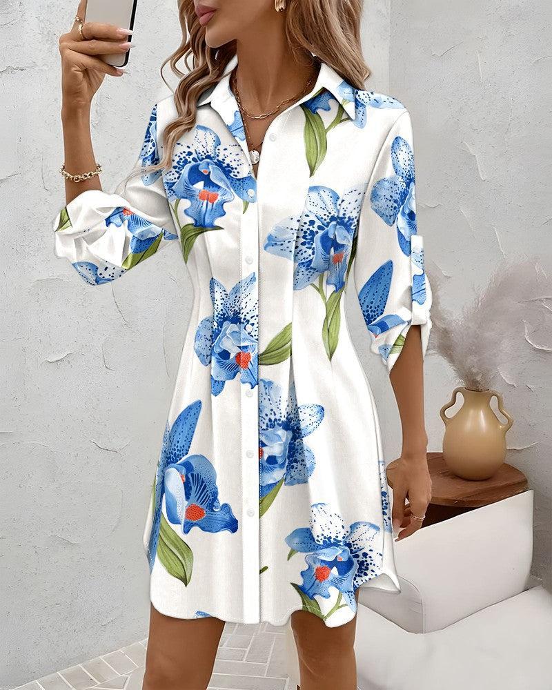 Fresh Floral Print Long Sleeve Mini Dress