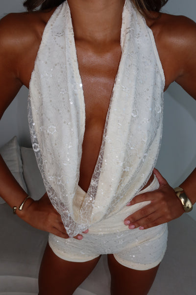 ANGELÈ Lace Sequin Ruched Waist Shorts
