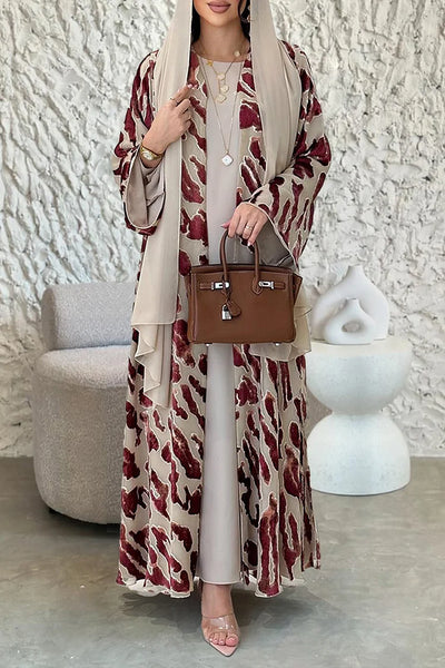 Plain Maxi Dresses Flocking Burnout Abaya Long Cardigan 3pcs Set