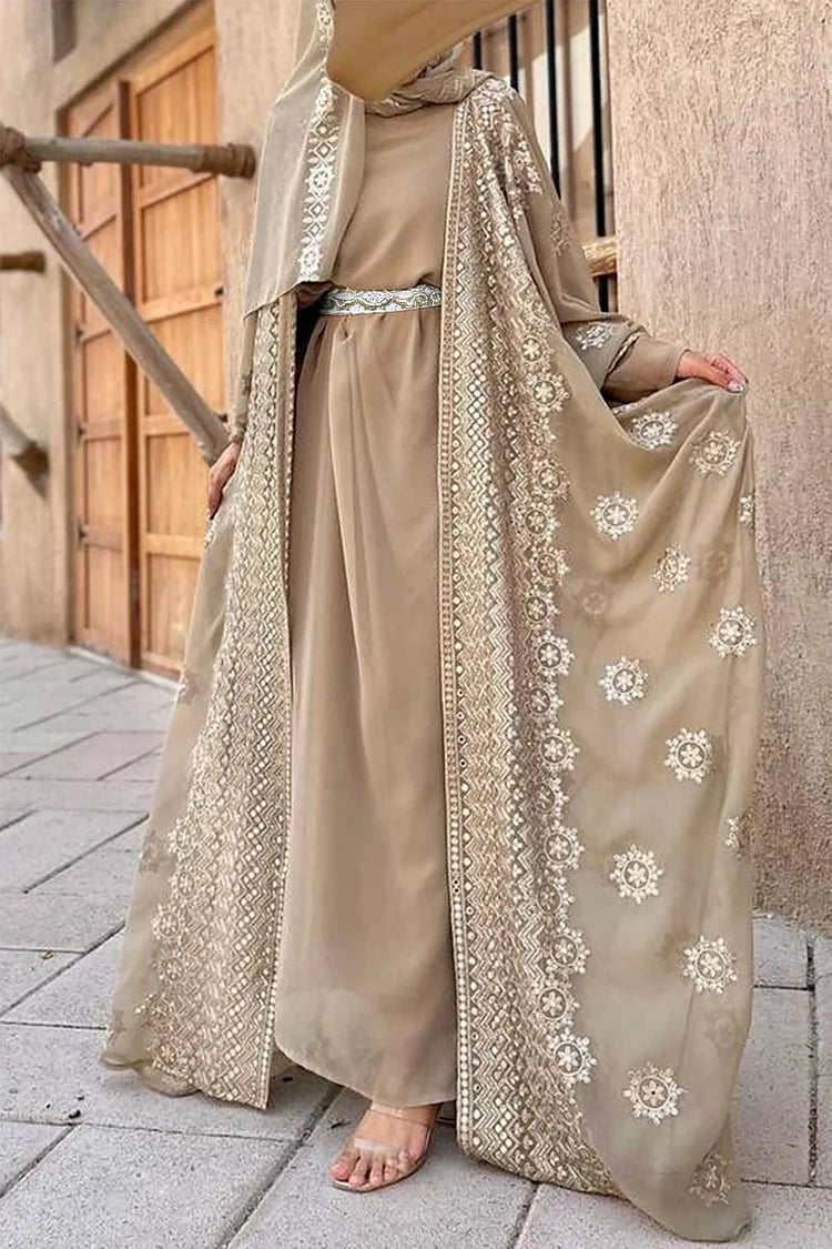 Bronzing Print Batwing Sleeve Long Cardigan Maxi Dresses 3pcs Set