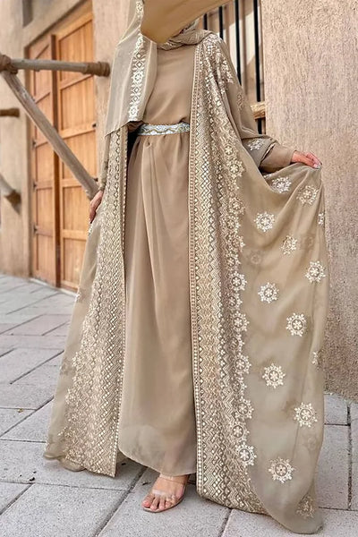 Bronzing Print Batwing Sleeve Long Cardigan Maxi Dresses 3pcs Set