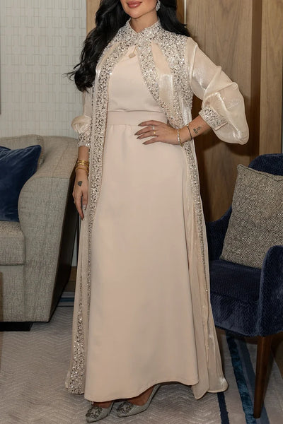 Sequin Decor Stand Collar Abaya Round Neck Maxi Dresses 2pcs Set