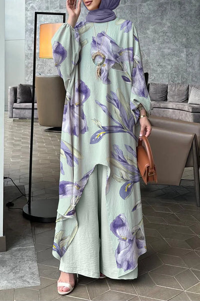 Floral Print Lantern Sleeve Long Top Wide Leg Pants 2pcs Set [Pre Order]