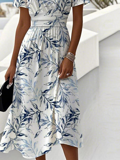 Trendy Plant Print V-Neck Short Sleeve Midi Dress