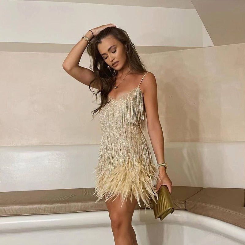 ALENA – PARTY DRESS WITH FEATHER TRIM