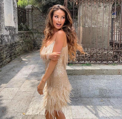 ALENA – PARTY DRESS WITH FEATHER TRIM