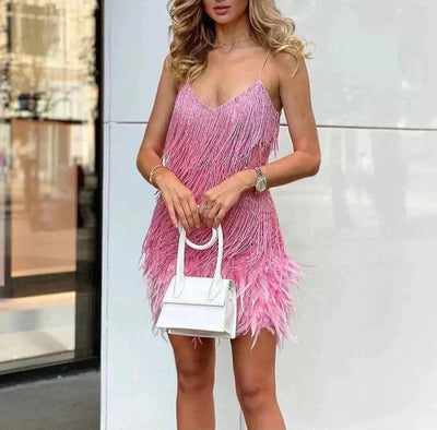 ALENA – PARTY DRESS WITH FEATHER TRIM