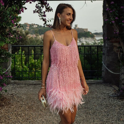 ALENA – PARTY DRESS WITH FEATHER TRIM