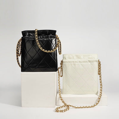 Women’s Genuine Leather Quilted Chain Bucket Bag – Chic Crossbody for Daily Style